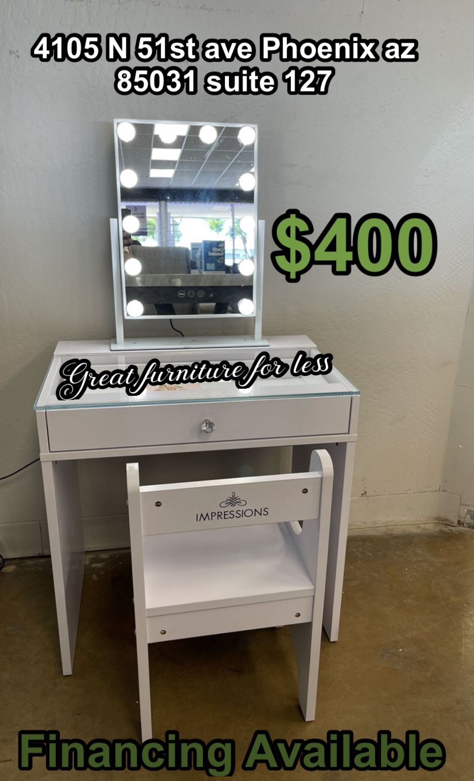 Impressions Mini Vanity White With Chair And Mirror Brand New