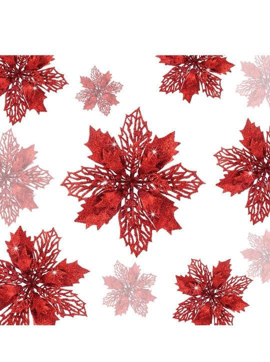 36pcs Glitter Poinsettia Flowers Artificial - Red Poinsettia Christmas Tree Decorations Flowers Ornaments for Xmas Holiday Wedding Wreath Home Decor (