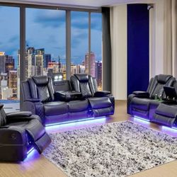 Power Electric Black Leather Fully Reclining Three Piece Couch Set 