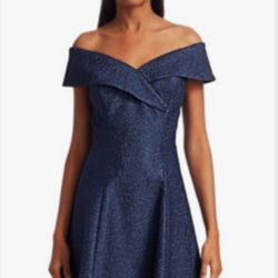 Teri Jon By Ricki Freeman Metallic Textured Midnight Blue Off The Shoulder Evening Dress NWT Size 12