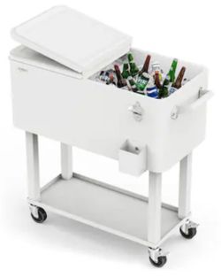 VINGLI 80-quart Portable Rolling Ice Chest with Shelf and Bottle Opener-White