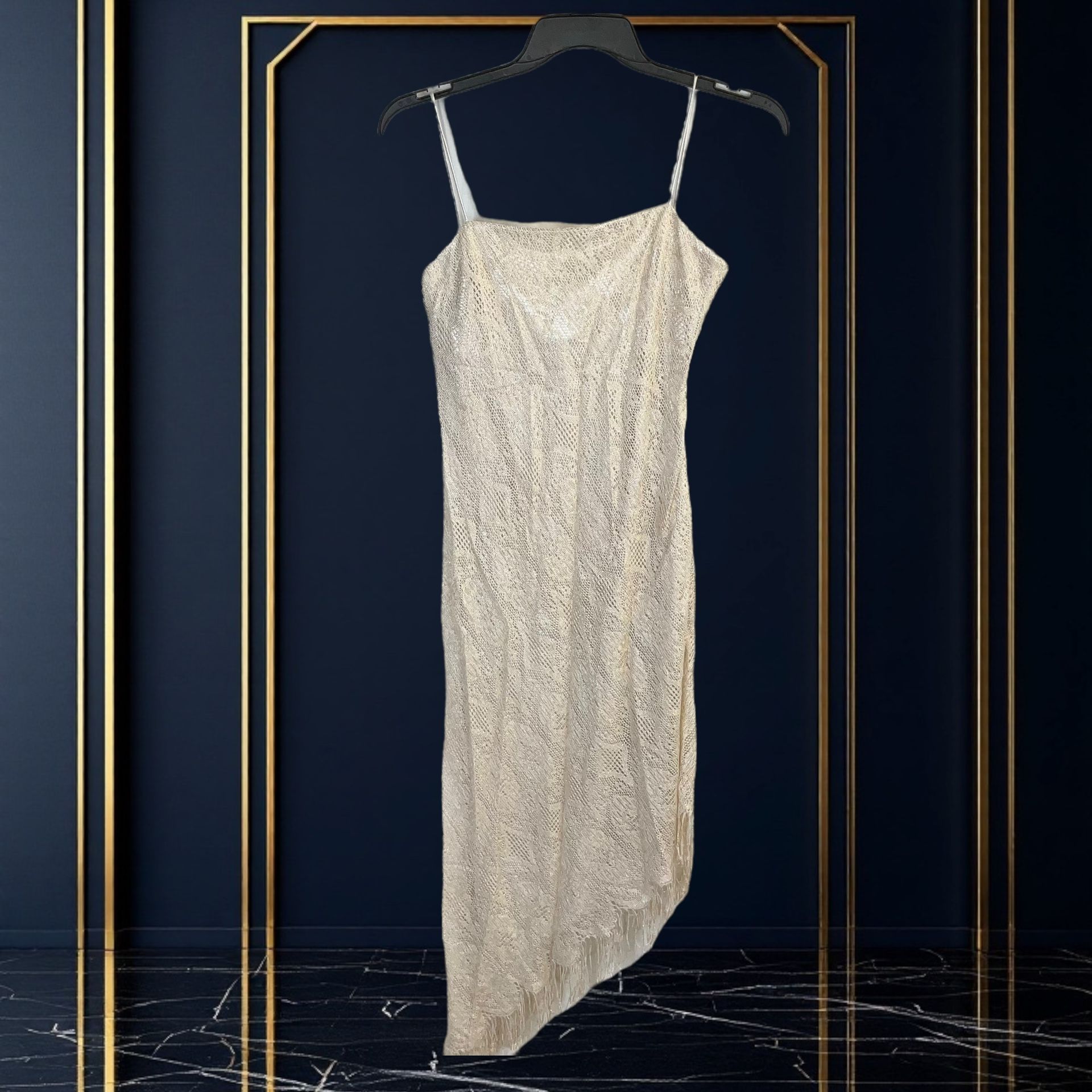 Arianna By Rachel Kaye New w Tags Vintage Shimmery Netted Fancy Lined Dress w Fringe Women Sz 8