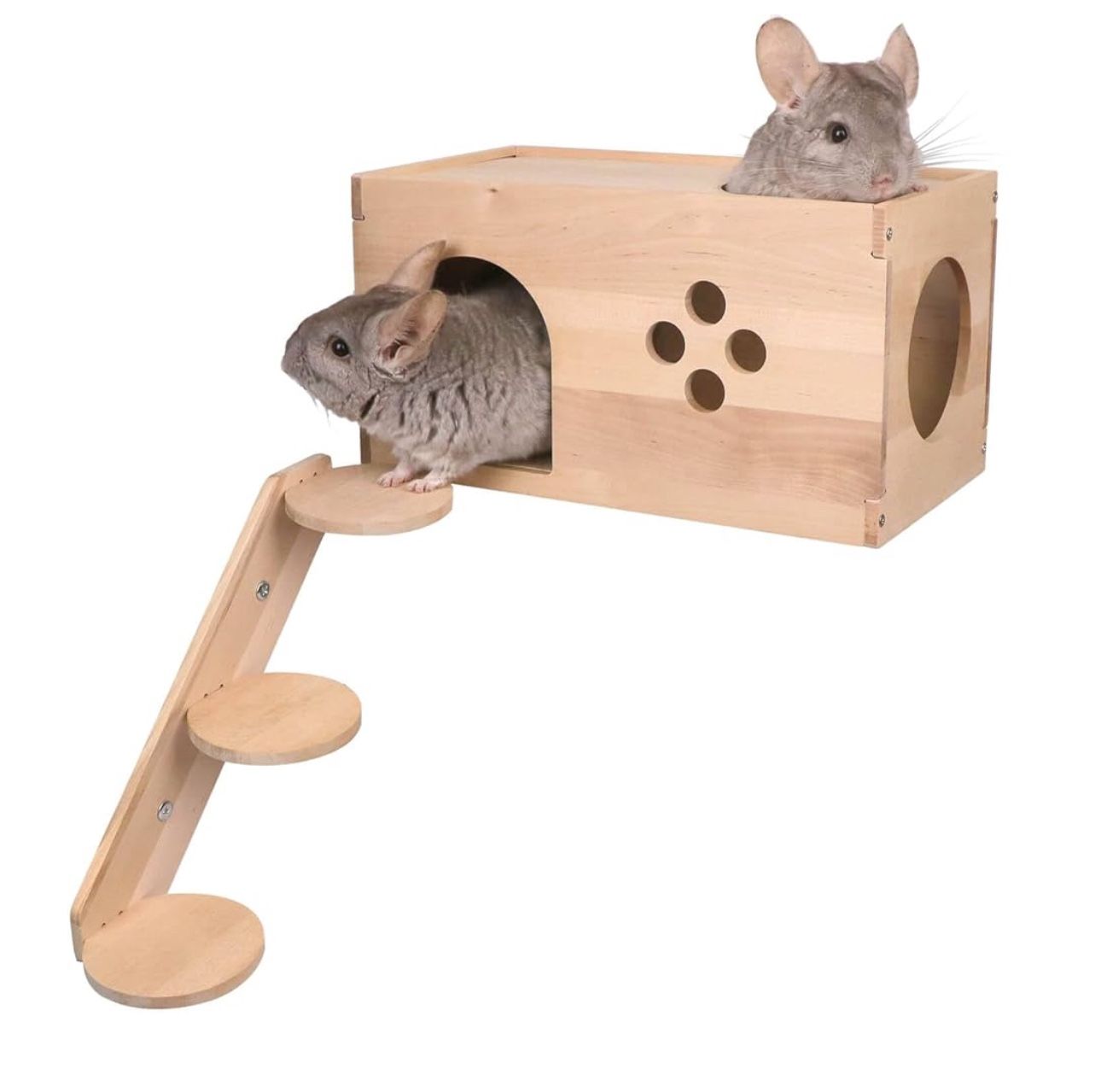 Wooden House with Ladder - Small Animal Hideout for Squirrel or Sugar Gliders - Ventilated Wooden Chinchilla Hut Hideout with Multiple Doors