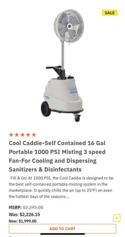 Cool Caddie-Self Contained 16 Gal Portable 1000 PSI Misting 3 speed Fan-For Cooling and Dispersing Sanitizers & Disinfectants