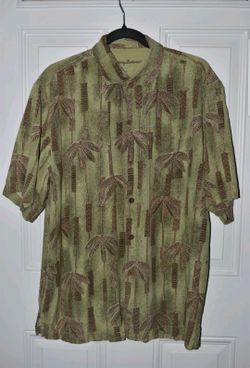 Tommy Bahama Men's Hawaiian Shirt Green/Brown, Size Large,100% Silk,Palm Tree Print