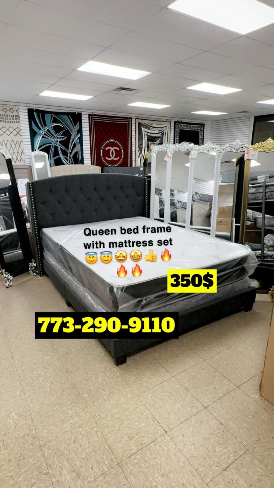 Queen Size Bed Headboard Frame Mattress And Box Spring All Included Brand New Furniture Yes We Deliver