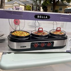 Bella Triple Slow Cooker, 3 X 1.5QT Slow Cooker with 3 Cooking Settings (low, high, warm).