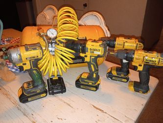 4 DeWalt drills plus 3 batteries & portable air tank