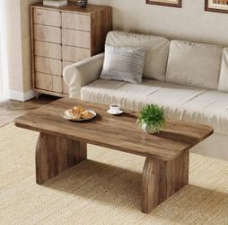 47-Inch Wood Rectangular Living Room Table, Farmhouse Accent Center Low Cocktail Tea Table with Sturdy Base & Rounded Corners