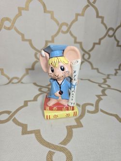 Vintage Hand Painted Ceramic Figurine Mouse On Books w/Diploma Cap & Gown