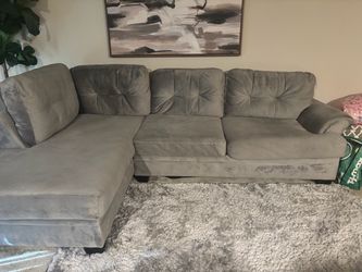 Gray sectional and silver rug