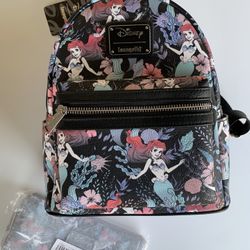 Loungefly Disney The Little Mermaid Ariel Black Floral Mini Backpack And Wallet