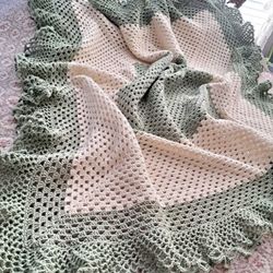 Afghan Hand Crocheted Afghan 68 x 68 Frosty Green & Sugar Cookie with Ruffle Border Smoke Free 68 x 68 100% Acrylic machine wash/dry. BERNAT - Sugar C