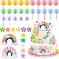 Morofme 38pcs Rainbow Cake Topper Rainbow Themed Cake Decorations Colorful Cakes Decoration Pastel Daisy Flower Balls Cupcake Topper for Baby Shower G