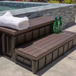 Universal 2 Slip-Resistant Spa & Hot Tub Step Outdoor Indoor Compartment Spa Step with Storage, Brown/Black
