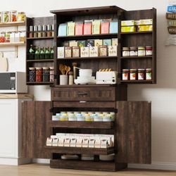 71''Tall Farmhouse Kitchen Pantry Cabinet, 7 Layers Storage Cabinet, 3 Drawers, 6 Hanging Shelves, Adjustable Shelves, Versatile Large Rustic Cabinet 