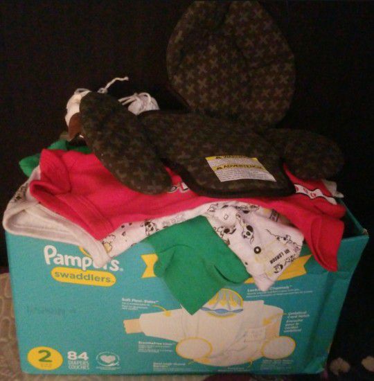 Need Gone Asap!!! Box Full Of Baby Boy Clothes, Shoes, Neck Supporter, And Baby Diapers Size 1