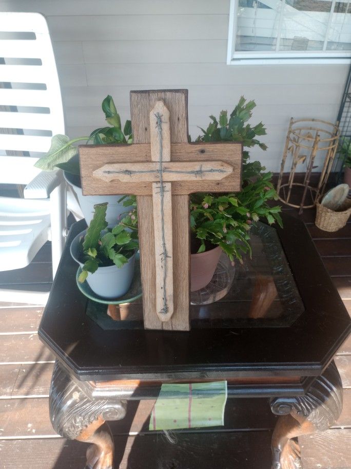 Handmade Cross With Barbwire Inlay