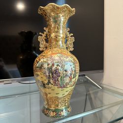 VTG Satsuma Moriage Style Handpainted Vase Japanese Women Signed 14” tall