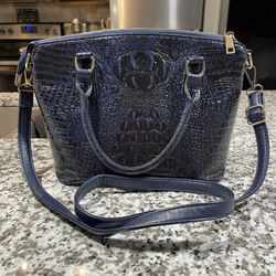 Blue Leather Satchel Handbag Purse Alligator Embossed with Crossbody Strap