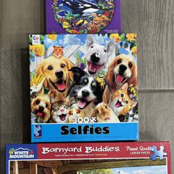 Lot of 3 puzzles Orcas, Cats and Dogs and Barnyard