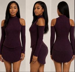 Women’s Ribbed Cold Shoulder Sweater Dress Purple Long Sleeve – Size (M)