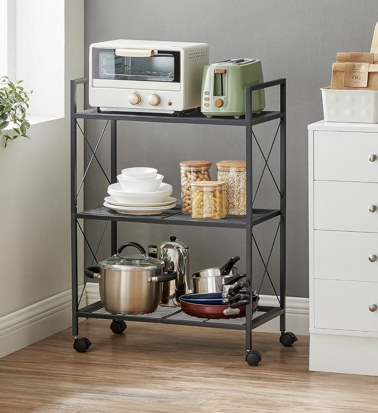 3-Tier Metal Storage Rack with Wheels, Mesh Shelving Unit with X Side Frames, 23.6-Inch Width, for Entryway, Kitchen, Living Room, Bathroom, Industria