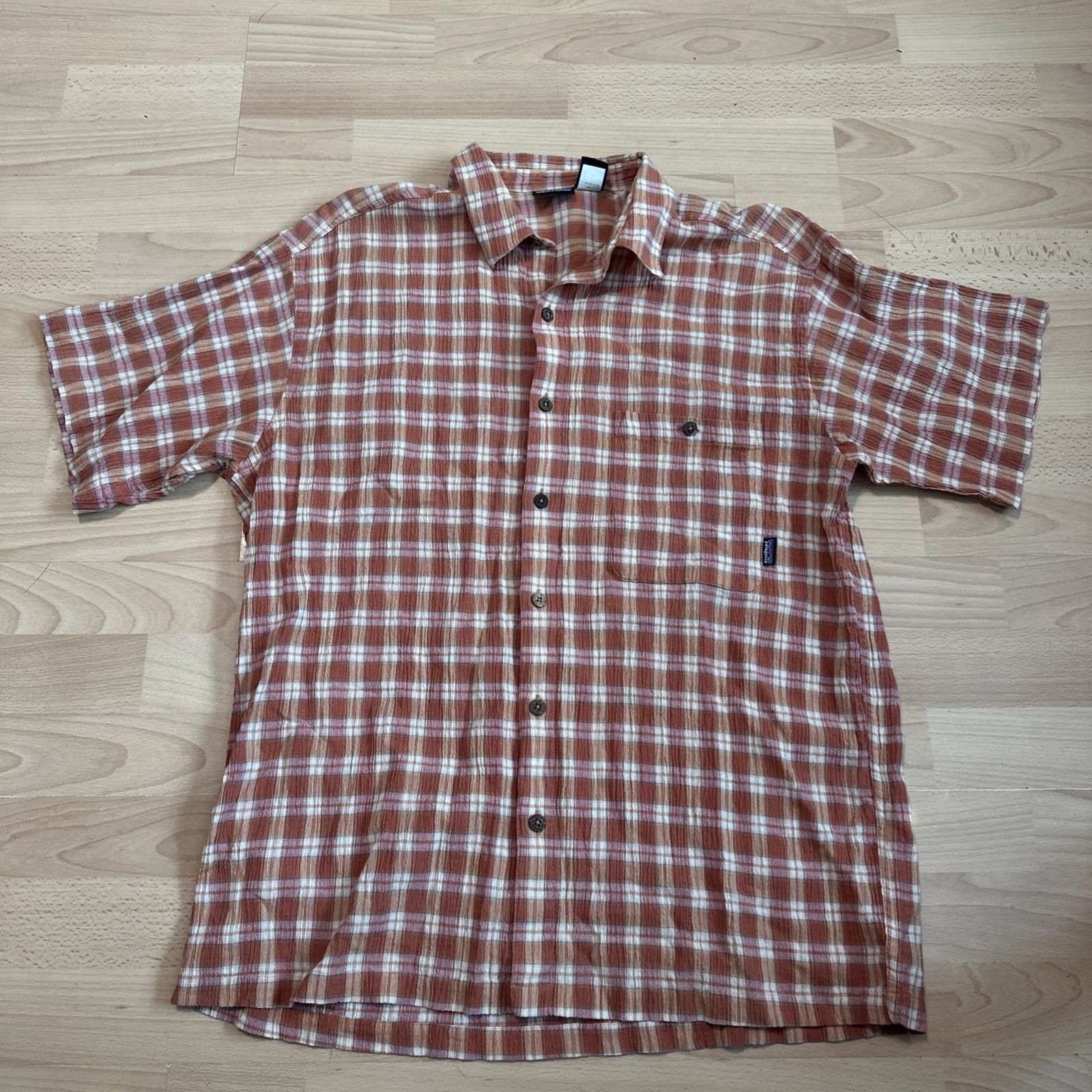 VTG Patagonia Organic Cotton Shirt orange Short Sleeve Plaid Button Up Top