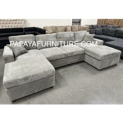 New! Grey 120”L Double Chaise Sectional Sofa, Corduroy Sectional, U-Shaped Sectional, Grey Sectional With Chaise, Soft Plush Sectional,Sofa,Sectional 