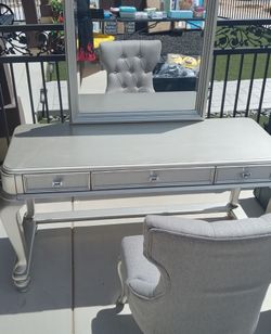 Silver Vanity Table with Mirror and Chair
