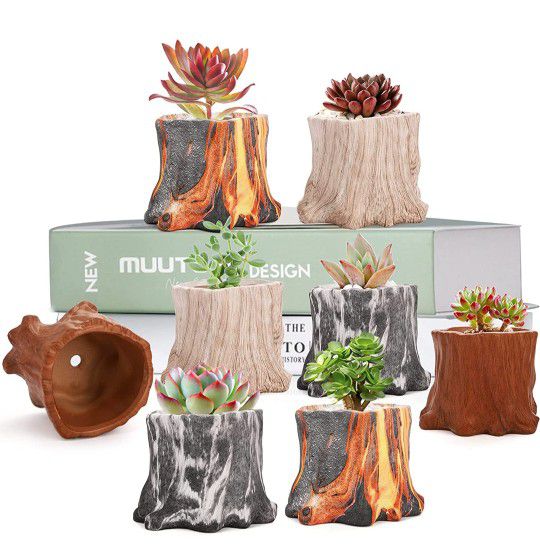 YOUEON 8 Pack Tree Stump Planter Pot with Drainage, 3.6" D x 2.8" H Cute Succulent Planter Decorative Flower Pot for Air Plants, Catus Plant, Pot Indo
