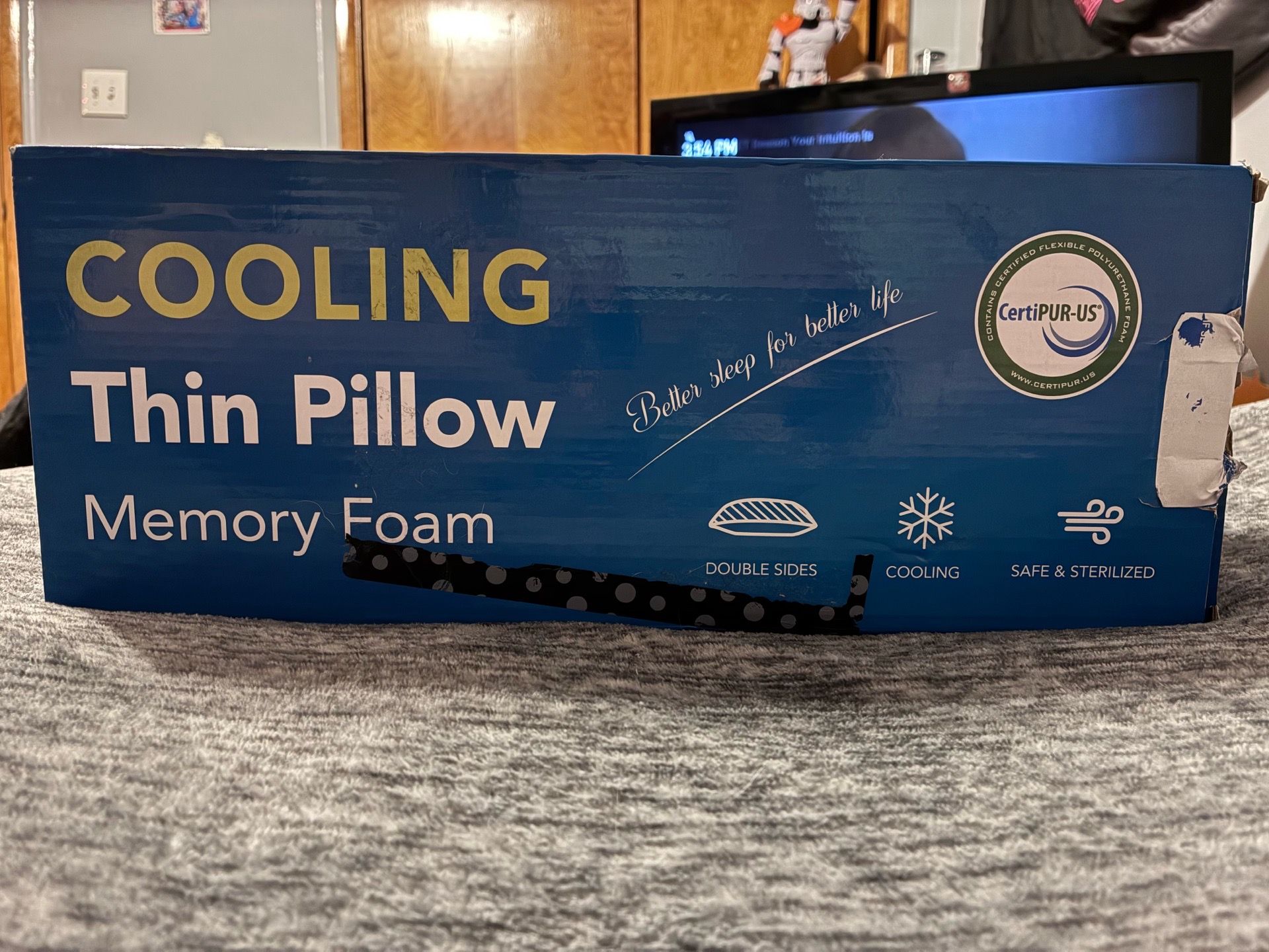 Cooling Memory Foam Thin Pillow Double Sided Back&Stomach Sleeper New/Open box
