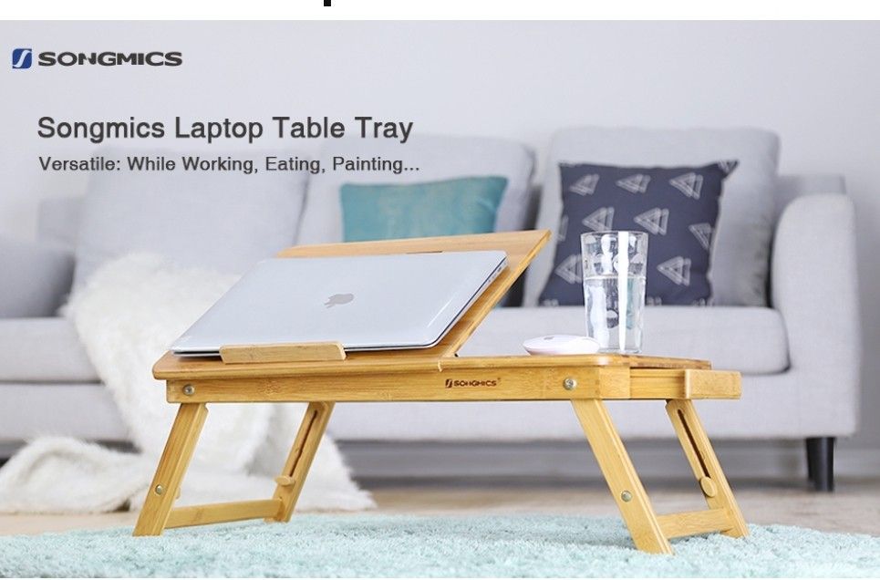 Laptop Desk, Adjustable Bamboo Bed Table and Breakfast Tray with 5 Tilting Angles, Cooling Holes and Drawer