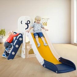 Sturdy Kids Slide, 4 in 1 Toddler Slide and Climber Playset with Basketball Hoop & Storage Space, Non-Slip Steps, Indoor Outdoor Toys for Boys Girls