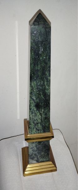 Vintage Green Marble Brass Obelisk Sculpture