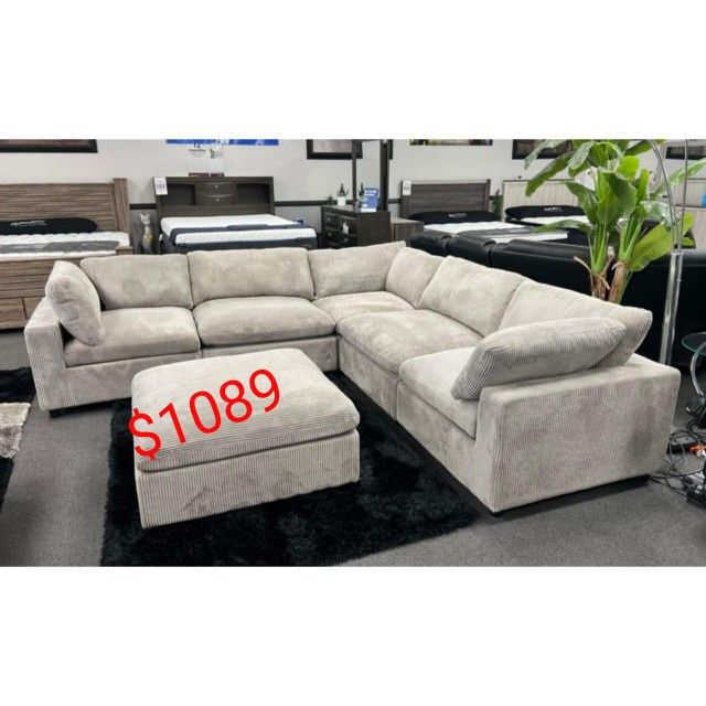6 Piece Living Room Corduroy Modular Sectional Sofa With Ottoman