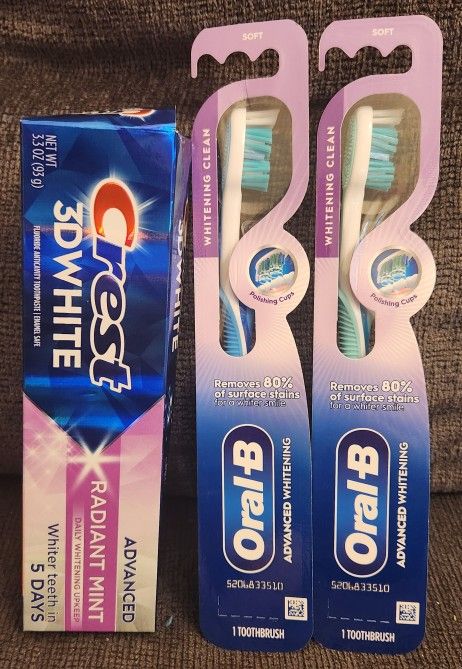 Oral Care Bundle: Crest 3D White Toothpaste & (2) Oral-B Toothbrushes, Soft