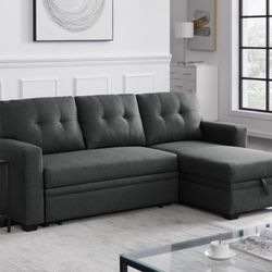 Devion Furniture L-Shaped Polyester Fabric Reversible, Easy Convertible Pull-Out Sleeper Sectional Sofa