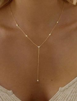 Elegant Lariat Necklace, Dainty Layered Gold Long Necklaces 14k Gold Plated Beaded Bar CZ Drop Necklace Simple Gold Y Choker