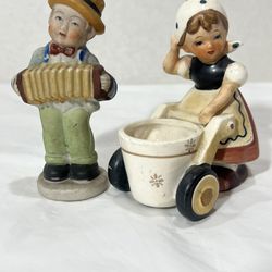 Vintage Figurine Boy W Accordion  (Cracked)& Girl W Wheelbarrow Japan