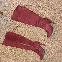 Velvet Burgandy Knee High Boots 5 1/2