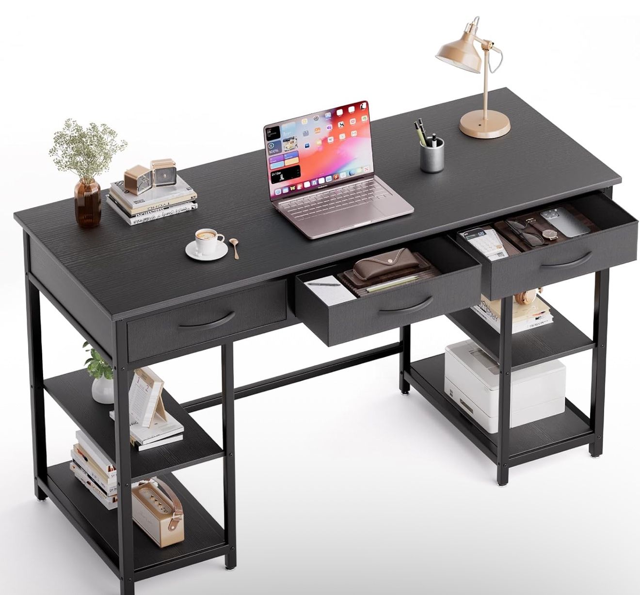Minosys 47-inch Computer Desk with 3 Drawers, Small Home Office Desk with Storage Shelves and Sturdy Metal Frame, Black BRAND NEW