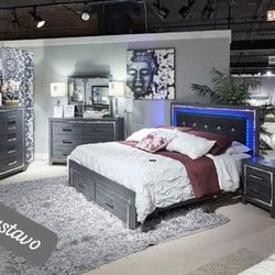 $48 Down Led Upholstery  Bedroom Set Queen/King Bed Dresser Nightstand Mirror Total Price 