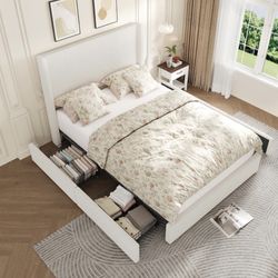 Full Size Bed Frame with 4 Storage Drawers, Upholstered Platform Bed Frame with Wooden Slats Support, Beige