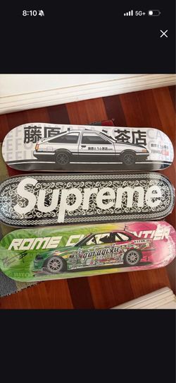 Supreme skateboard, initial D AE86, and formula drift, signed board by FD driver Rome carpintire
