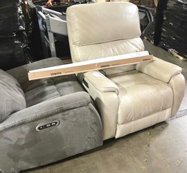 Two Contemporary electric recliner Lounge Chairs (leather beige and fabric gray) from Costco♥️