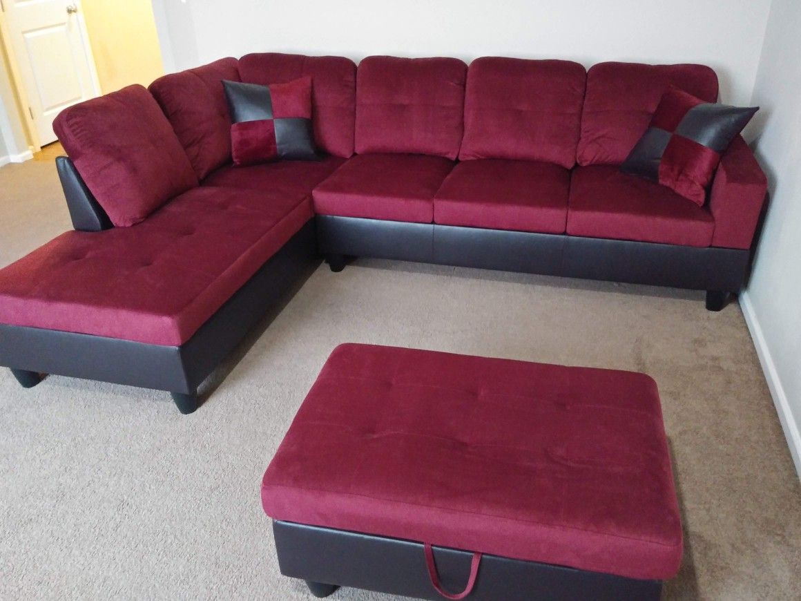New Sectional With Storage Ottoman On Red Microfiber