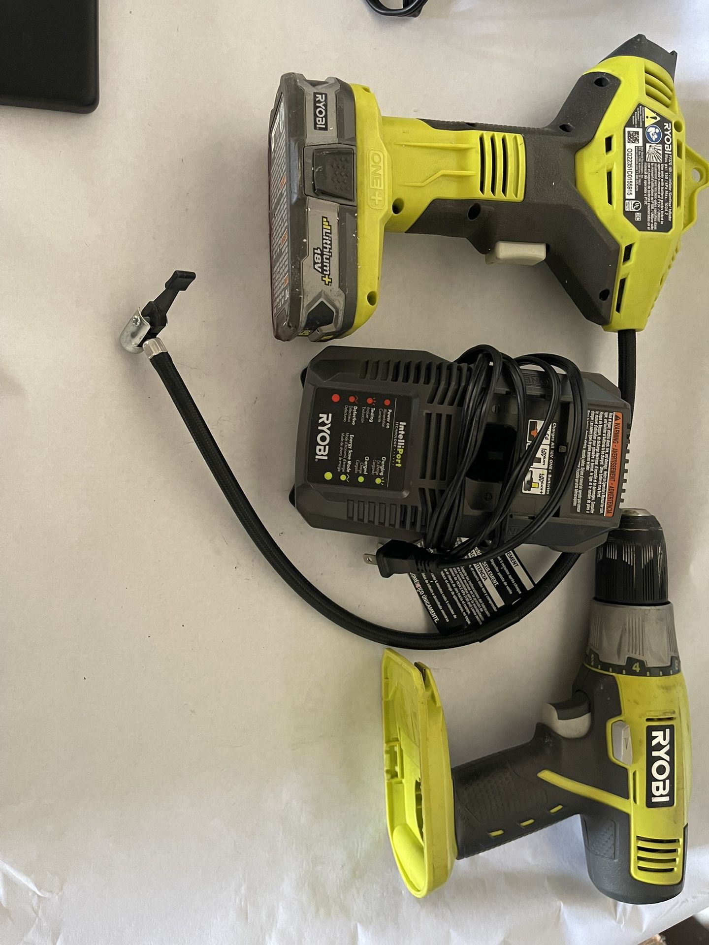 Ryobi 18v Drill And Tire Inflator With 18v Lithium Battery 