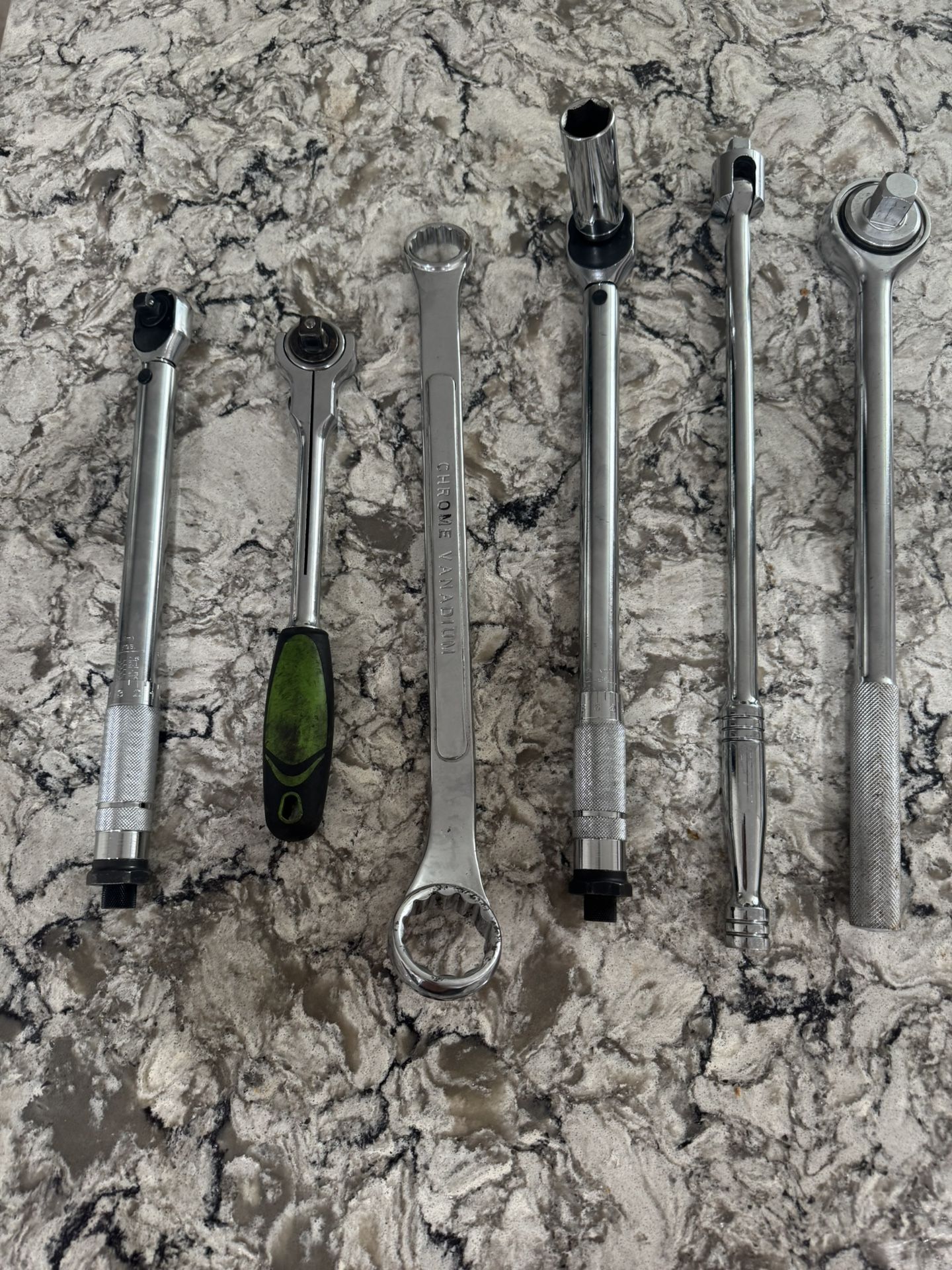 Drive Ratchets, Torque wenches,  Hitch Ball Wrench 11/8 11/2,   Drive Quick-Release Swivel Head Ratchet, And Drive Extra-Long Handle Ratchet. 