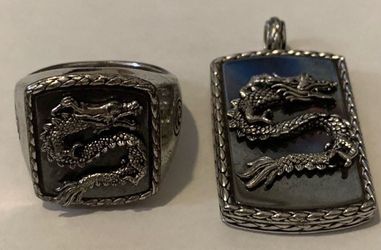 Effy Mens 925 Sterling silver onyx dragon Ring & matching dog tag pendant, 21.50 TCW